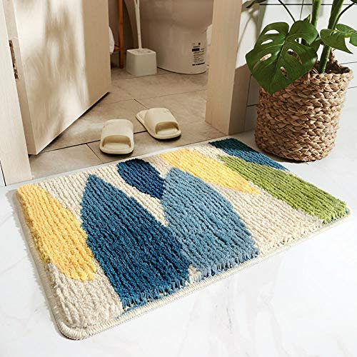 Badteppich Gelb-Blau-Beige Badvorleger Flauschig Mikrofaser Badematte rutschfest Duschvorleger Schnelltrocknend Badezimmerteppich Waschbar Badematten Bathroom Mat 50x80cm
