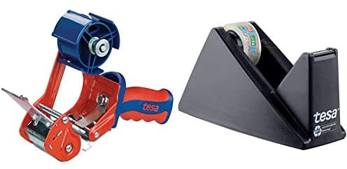 tesa 6400 Packband Handabroller COMFORT - Abroller für Paketbänder & Easy Cut Economy Klebebandabroller mit ecoLogo für Tische/Ökologischer Tischabroller mit Anti-Rutsch-Technologie