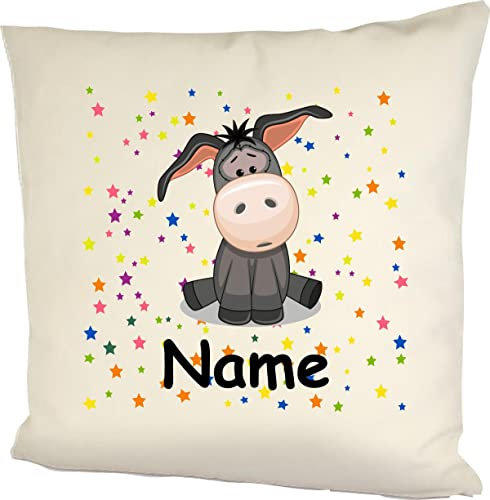 Shirtinstyle Kuschelkissen Esel mit Wunschnamen Tiermotiv Sterne Sterne, Kinderzimmer Kuscheln, Kopfkissen Dekokissen mit Füllung, Größe 40X40cm, Farbe Natur