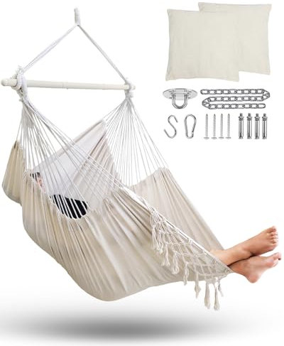 MIZTLI Hammock Chair Hanging Chair Swing Chair XXL Large Macrame Swing - Max 500 Lbs－2 Cushions & All Hanging Kit Included