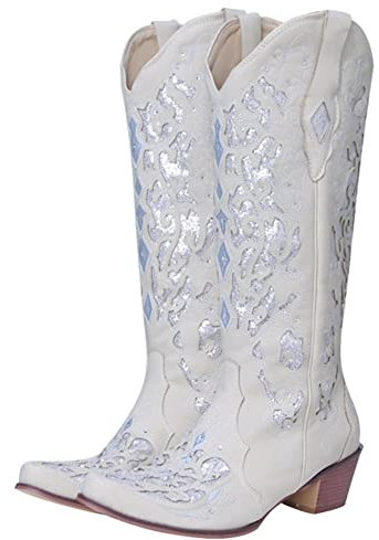 HOTRA Stivali Texani Donna Alti 2021 Stivali al Ginocchio Ricamati in Cristallo Stivali da Neve Grossi Pelle Morbida Stivali da Equitazione Casual (Color : Bianco, Size : 38 EU)