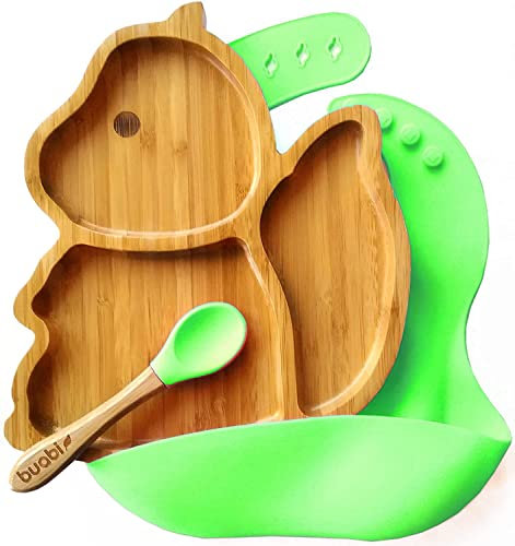 BUABI Vajilla de Bambú y silicona (ARDILLA). Set 3 piezas: Plato, Cuchara y Babero. Con ventosa antideslizante en la base. Bambú natural y silicona grado alimentario, Ecológico sin BPA (Verde)