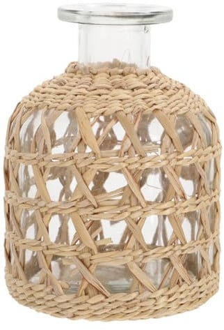 DOITOOL Glass Flower Vase with Rattan Cover, Straw Woven Glass Vase Decorative Boho Flower Container Farmhouse Flowerpot for Home Arrangement Table Decoration, 3.1X3.1X4.4inch
