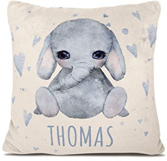 Personalisedog Fleece Baby Kissen mit Kleiner Elefant, Name und Motivfarbe für Junge & Mädchen | Namenskissen Geschenk zur Geburt oder Taufe Wunschame Elefantenmotiv (Elefant Herzen)