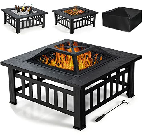 GOPLUS Brasero de Jardin Carré en Fer,Table de Foyer Maille et Couvercle Pare-étincelles avec Tisonnier Long,Grand Bac de Rangement pour Chauffage et Barbecue Glacière 81x81x50cm