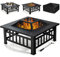 GOPLUS Brasero de Jardin Carré en Fer,Table de Foyer Maille et Couvercle Pare-étincelles avec Tisonnier Long,Grand Bac de Rangement pour Chauffage et Barbecue Glacière 81x81x50cm