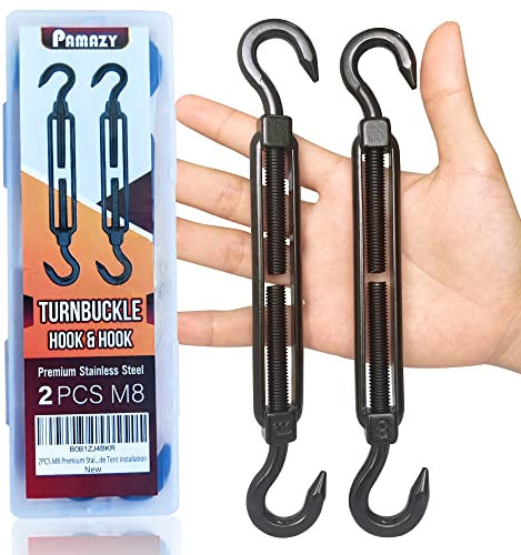 2 Stück M8 Premium Edelstahl Haken & Haken Spannschloss, schwarz Spannschloss für Drahtseilspannung, Sonnensegel Hardware, Sonnenschutz Zelt Installation
