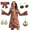 MRYUWB 70er-Hippie-Kleid-Kostüm für Damen, mit Halskette, Ohrringe, Sonnenbrille, Disco-Kostüm, 60er-Party-Kostüm, Halloween Retro-Kleider (Braun, L)