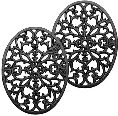 SUMTree 2 PCs Oval Cast Iron Trivet, Decorative Heavy Duty Hot Pot Holder Mat, Vintage Pattern Cast Iron Trivet with Rubber Pegs for Kitchen Dining Table