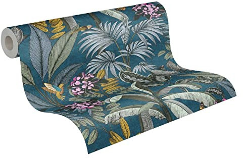 BRICOFLOR Dschungel Tapete | Dschungel Tapete petrol bunt | Palmenblätter Vliestapete mit Blumen und Kolibri | Vlies Wandtapete mit Vogel ideal für Wohnzimmer und Esszimmer