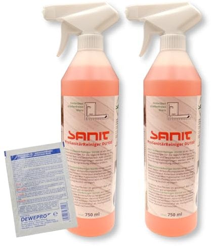 DEWEPRO Set: SANIT ProSanitärReiniger DU100 (3025) - 2 Flaschen à 750ml - Badreiniger - hervorragende Kalklöser mit Abperleffekt inkl. 1 St. DEWEPRO® Single Scrubs