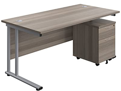 Office Hippo Heavy Duty Rectangular Cantilever Office Desk, Home Office Desk With 2 Drawer Lockable Mobile Pedestal Filing Cabinet, File Cabinet, 5 Yr Wty, Silver Frame, Grey Oak, 180 x 80 cm