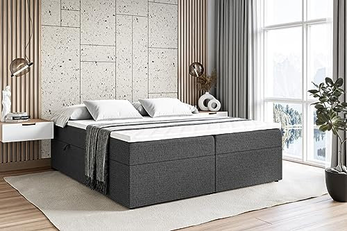 ALTDECOR Boxspringbett mit Matratze und Lattenrost, Boxbett, Topper, Polsterbett mit Bettkasten, Bett mit Stauraum H4-Matratze, Doppelbett, Springboxbett - Marce-BW - 140x200 - Dunkelgrau Inari 96