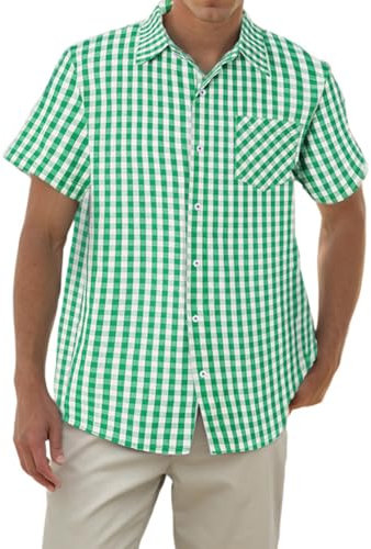 SANGTREE Boys and Mens Short Sleeve Gingham Shirts Summer Button Down Plaid Shirt, Gingham Green, Medium