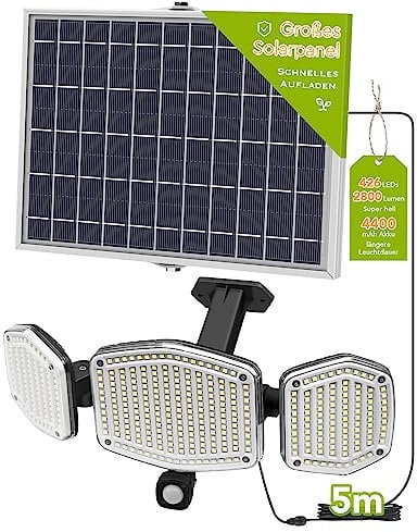 Lepwings Solarlampen für Außen, 426 LED Solarleuchte mit Bewegungsmelder, 4400mAh 3 Modi Solarlichter, IP65 Wasserdichte, 270° Beleuchtungswinkel, 6500K Kaltweiß 2800 Lumens LED Strahler mit 5m Kabel