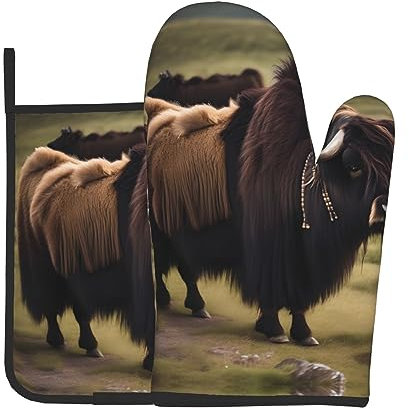 Mighty Highland Yak Ofenhandschuhe und Topflappen-Sets – für Küche, dekoratives Kochen, Backen, Grillen, hitzebeständig, waschbar