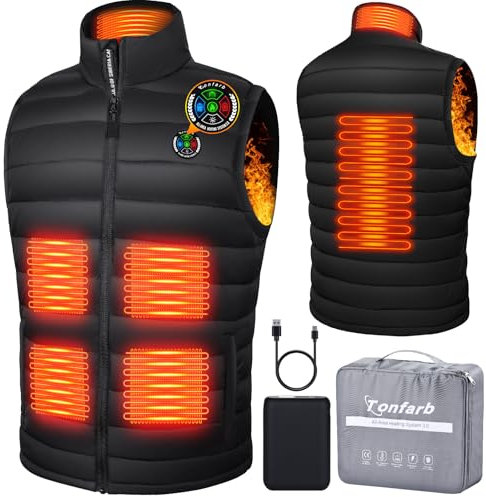 Tonfarb Gilet Chauffant Homme, Veste Chauffante avec Batterie Rechargeable 7.4V 16000mAh, Gilet Chauffant USB avec 6 Zones de Chauffage 3 Niveaux de Température pour Moto Plein air Randonnée Chasse
