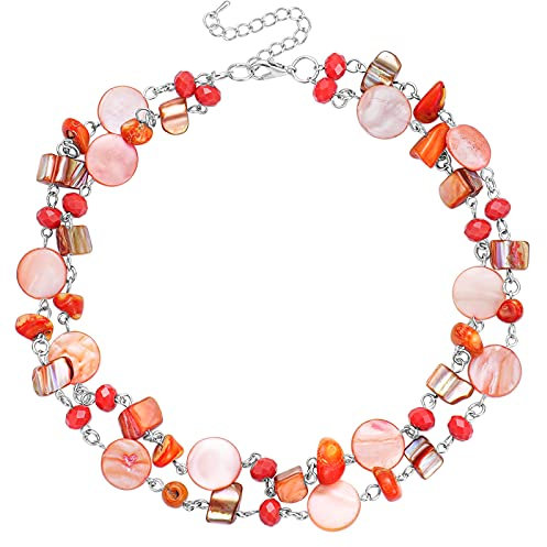 FULU AUTUMN Kristall Perlenkette Boho Muschelkette Damen Statement Bunte Mehrreihige Halskette Modeschmuck Geschenke für Fraue(59-Pink orange)