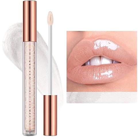 Ofanyia Hyaluronic Acid Lip Gloss, Shimmer Plumping Liquid Lipstick, Moisturizing Long-lasting Smooth Texture Lifter Lip Gloss with Heart Brush (01#)
