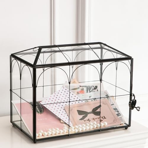 Giadun Wedding Card Box with Slot, 10.2'' Large Glass Card Boxes for Reception, Black Geometric Holder, Clear Decorative Storage Box with Lock for Baby Shower, Birthday Party, Christmas, Bridal Shower