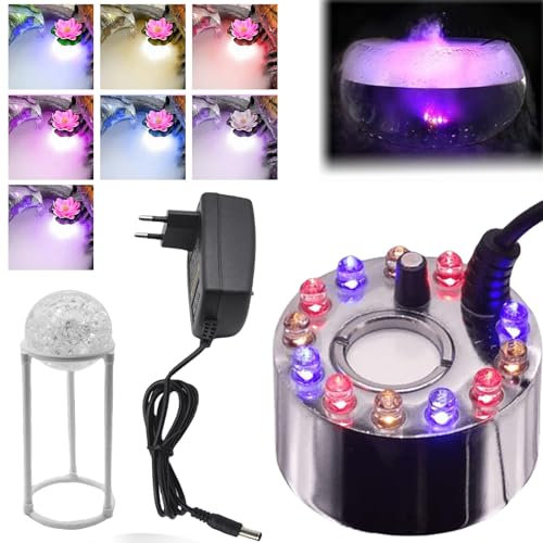 Nebulizador ultrasónico, 500 ml/h, con cable de alimentación, generador de niebla, mini nebulizador con 12 luces para fuente de agua, estanque, maceta, jardín de rocas, vacaciones, fiestas