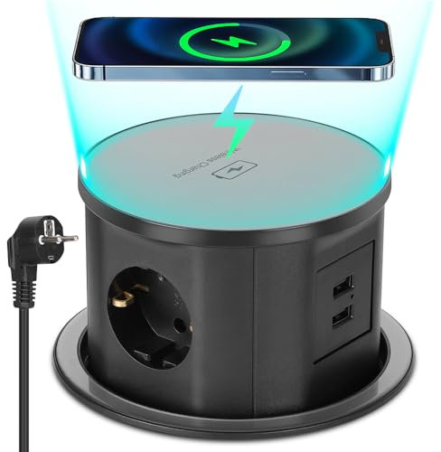 Mehrfachsteckdosen Versenkbare Steckdose 2 USB A, 3 Fach Tischsteckdose Steckdosenleiste mit 15W Kabellosem Ladegerät, Einbausteckdose für Arbeitsplatte Küche Zuhause Büro 3680W/16A, 1.8Kabel, D 120MM