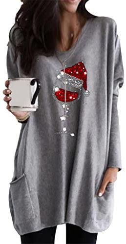EFOFEI Damen Casual Slim Rundhals Sweatshirt Knielang Bluse Rundhals Herbst Tops Casual Oversize Pullover Weinglas Hellgrau XL