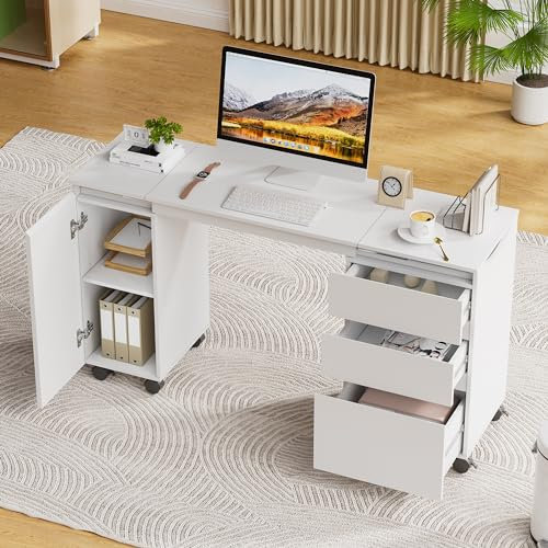 JoliJour Escritorio Blanco con Cajones,Escritorio con 3 Cajones y 1 Puerta,Extensible Mueble de Oficina,Se Puede Plegar para Convertirlo en un Archivador,Escritorio para Ordenador,66-120*36.5*73cm