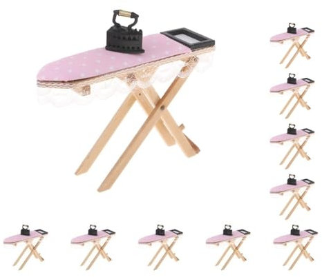 Paowsietiviity 10 set Dollhouse Miniature Laundry Furniture Pink Lace Ironing Board with Iron Accs