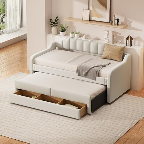 MQLAE Tagesbett 90 x 200 cm (190 cm), gepolstertes Einzel-Sofabett mit Rollcontainer, Schlafsofa mit Schubladen, Ausziehbett Bett mit Stauraum, Funktionsbett (Beige)