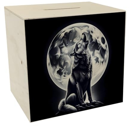 Sitzender Wolf im Mondschein Spardose aus Holz Heulender Wolf bei Nacht Mondlicht-Kreatur Spardose aus Holz Wildtier-Motiv für Tierliebhaber Mystisches Heulen-Design