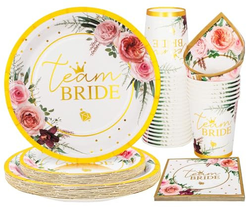 PARTY GO 100 pezzi Team Bridal Shower Party Supplies Bachelorette Tovaglioli di carta usa e getta Set di stoviglie dorate per feste di fidanzamento, matrimonio, addio al nubilato