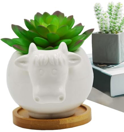 Erice - Pot de fleurs en forme de vache, Highland Cow, Résine, Blanc, 11 cm, Intérieur
