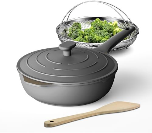 Ligtspce Always Antihaft-Mehrzweck-Sautépfanne, All-in-One-Pfanne, große Pfanne mit Sieb, tiefe Bratpfanne mit Deckel (27,9 cm), PFOA-frei, antihaftbeschichtet, spülmaschinen- und ofenfest (Schiefer)