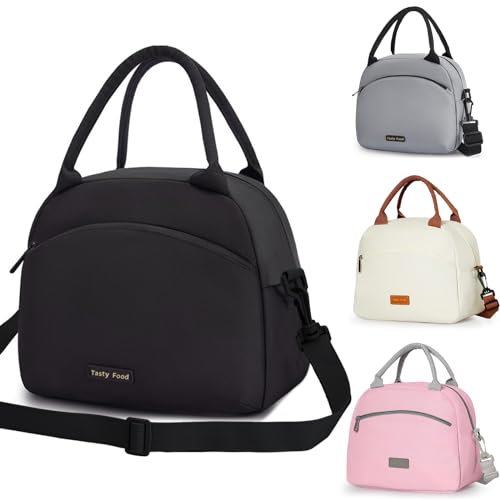 Runmeihe Borsa Termica per Donna, Borsa Porta Pranzo Riutilizzabile con Tracolla, Piccole Lunch Bag Impermeabili per Adulti per Lavoro Viaggio Picnic Scuola (BLACK)