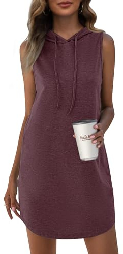 WNEEDU Abito Estivo Mini Abito Felpa da Donna Abito Senza Maniche con Coulisse e Cappuccio Rosso Vino S