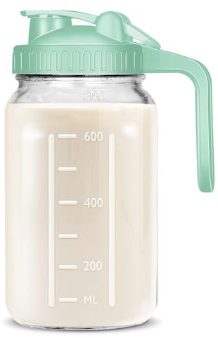 UYEIKMLOP Mason Jar Pitcher, 32 OZ Breast Milk Pitcher Double Leak Proof with Pour Spout Handle, Wide Mouth Iced Tea Pitcher for Fridge, Creamer Container for Coffee, Sun Tea juice (Green,1 Pack)
