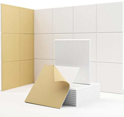 Sound Proofing Panels, Kuchoow Acoustic Panels Self-Adhesive, 18 Pack High Density Soundproofing Panels for Ceiling/Door/Wall Decoration and Acoustic Treatment (12 X 12 X 0.4) White