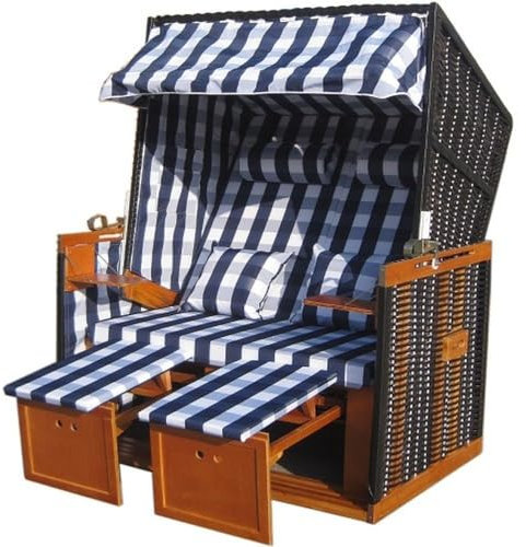 Vaiko Strandkorb Vollieger Ostsee Nordsee XXL120cm breit verstellbar PE Geflecht Markisenstoff (Blau Weiß Kariert)