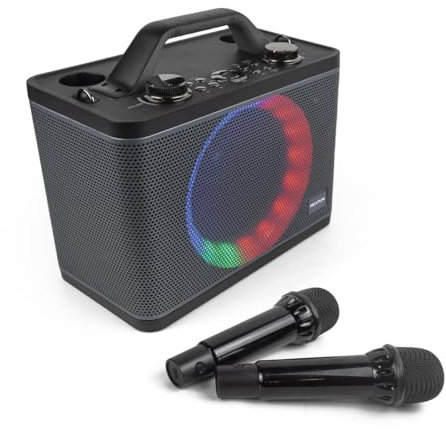 PRIXTON Karaoké Portable PartyGO avec 2 Microphones, Haut-Parleur idéal pour Les fêtes, Lumière LED RGB, Bluetooth/USB/AUX/MicroSD, Autonomie 4h, Cadeaux d'anniversaire pour Adultes et Enfants