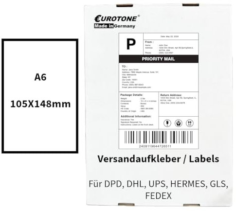 Eurotone Etiketten, Bogenformat DIN A6, 105x148mm, 2000 Stück, matt weiß, permanent haftend, kompatibel für DHL, DPD, Fedex, GLS, Hermes, UPS sowie Laser- und Tintenstrahldrucke
