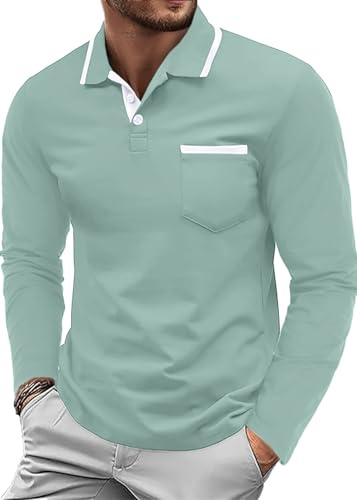 QIXING Long Sleeve Polo Shirts Mens Casual Smart Cotton Collared Golf Tops Polo Shirt with Pocket(Lake Green, M)