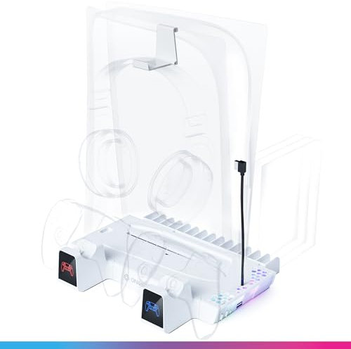Oniverse Soporte PS5/PS5 Slim - Estación de enfriamiento Ventilador de 3 velocidades, Cargador Dual PS5 Compatible con DualSense, Soporte de Carga de Auriculares y Almacenamiento Accesorio de 14