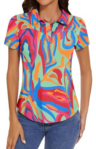 IECCP Poloshirts für Damen Kurzarm Polohemd Schnelltrocknend Golf Sportshirts Leicht Atmungsaktiv Tops Workout Sommershirts 2025 mit 3-Knopfleiste(Rot Druck,XL)