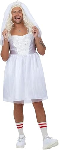 Smiffys Herren Junggesellenabschied, lustiges Hochzeitskleid für Männer mit Schleier & Diadem - Neuheit Verkleidung Outfit für Junggesellenabschiede, Junggesellenabschiede, Bräutigam to Be Streiche