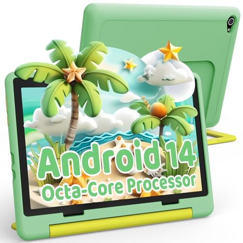 Ainmel Android 14 Kinder Tablet, Octa-Core Prozessor Tablet für Kinder, 14GB+64GB, 5000mAh, Kindersicherung, WiFi 6, Bluetooth 5.3, kindersicheres Gehäuse (grün)