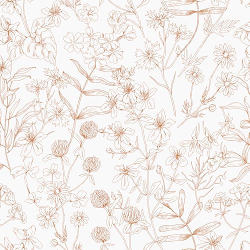 VEELIKE Papier Peint Fleuri Orange Herbes Vintage Papier Peint Autocollant Floral 44,5 cm × 300 cm Papiers Peints Feuilles Orange Boho Adhesif Mural Decoratif Chambre Salon Adhesif pour Meuble