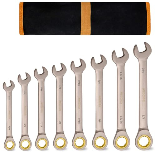 Meccion Jeu de clés à cliquet à tête fixe 5/16,3/8,7/16,1/2,9/16,5/8,11/16,3/4 en acier au chrome vanadium forgé – Gris nickelé