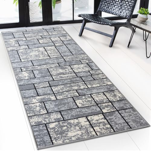 Floordirekt Teppichläufer mit Muster - maßgefertigter Feinschlingen Teppich Läufer für Küche, Flur & Wohnraum - Mannheim Grau (80 x 200 cm)
