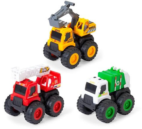 Dickie Toys - Mighty Engines Monstertruck (1 Auto) - Spielzeugauto für Kinder ab 3 Jahre mit Friktion und Gummireifen, zufällige Auswahl aus 3 Modellen (Bagger, Feuerwehr, Müllabfuhr), je 8,5 cm